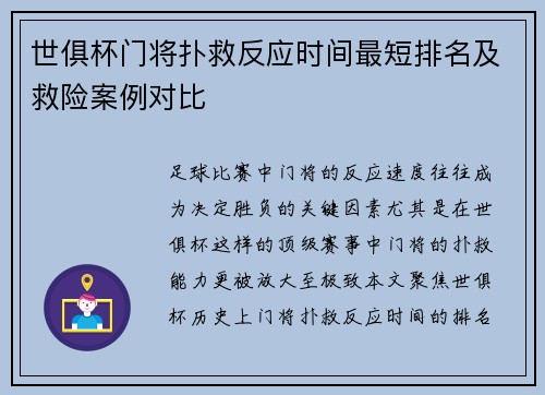 世俱杯门将扑救反应时间最短排名及救险案例对比